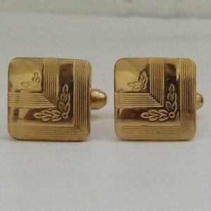 Vintage Anson Floral Engraved Geometric Square Gold Tone Cufflinks